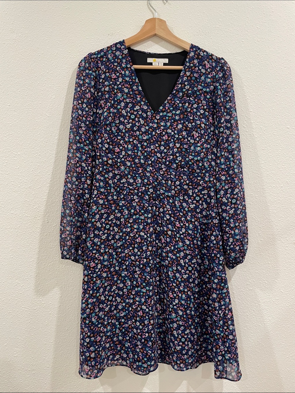 Boden Floral V-Neck Long Sleeve Dress Navy Pink Fall Size 4